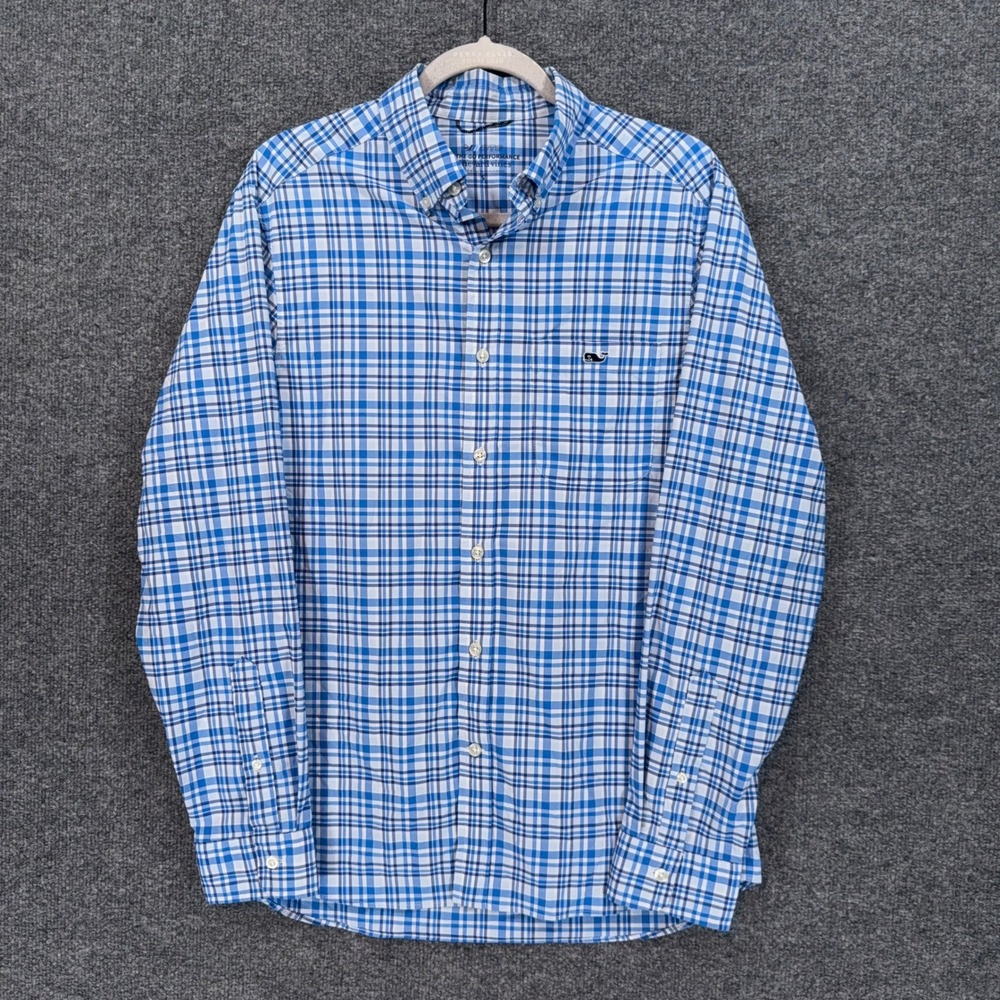 Vineyard Vines Shirt Mens Small Blue Plaid On-The-Go Performance OTG Button Up
